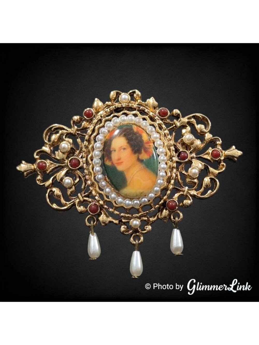 Vintage ART Arthur Pepper Lady Portrait Cameo Filigree Pearl Brooch
